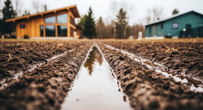 Muddy furrows with houses in the background