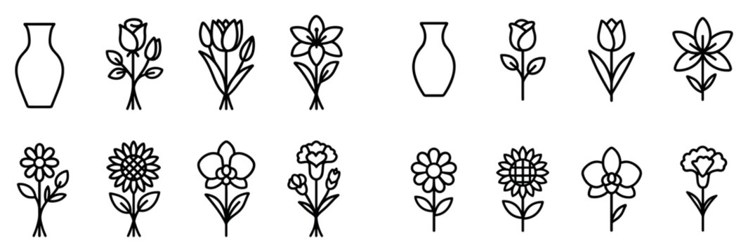 Floral icons with vase rose tulip outline