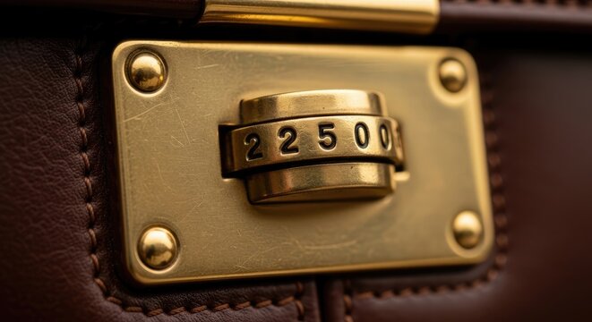 Close-up of a vintage brown leather briefcase with a brass combination lock showing the numbers 22500.