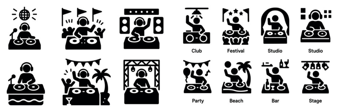 Music icons with dj turntable crowd outline