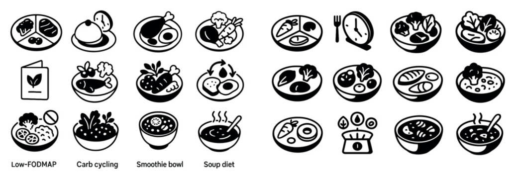 Healthy meal icons with bowl plate spoon colorful
