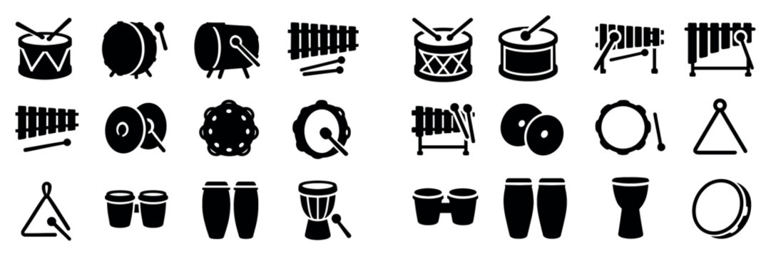 Percussion icons with drum and xylophone silhouette bold