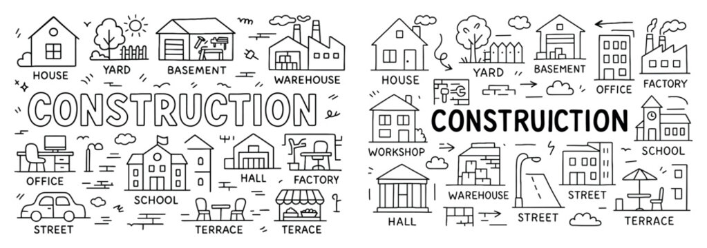 Construction icons with house factory warehouse outline