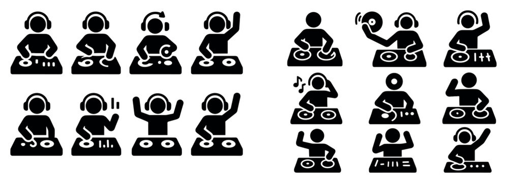 Music icons with dj headphones mixer silhouette flat