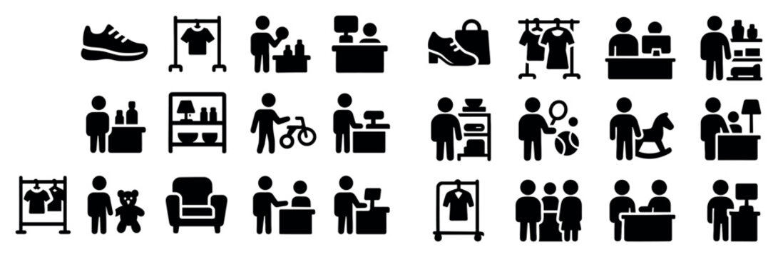 Shopping icons with shoe shirt hanger glyphs