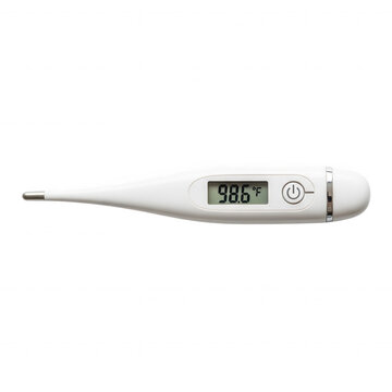 White digital thermometer with a metallic tip displaying a body temperature of 98.6 degrees fahrenheit on a black background
