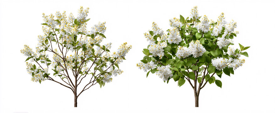 Amelanchier laevis and Syringa vulgaris Madame Lemoine duo isolated with a clean white backdrop