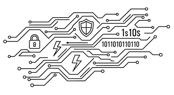 Abstract circuit board illustration featuring security icons and binary code elements