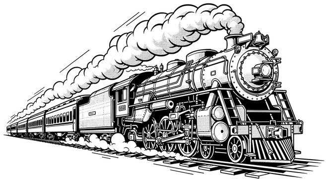 Train steam locomotive engine illustration with billowing smoke and detailed mechanical wheels on track