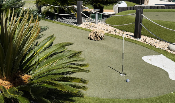 Close-up view of a single hole on a miniature golf course, showing the textured surface and green surroundings.