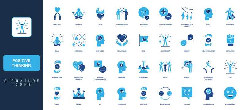 Positive thinking, happy mood and emotions, patience of healthy lifestyle, psychology glyph icon set. Self care, empathy and love, gratitude solid symbols vector illustration
