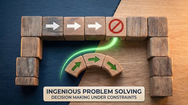 Ingenious problem solving concept showing wooden blocks with arrows bypassing restriction.