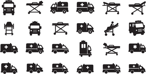 Obraz premium Collection of ambulance and medical stretcher silhouettes for emergency services.