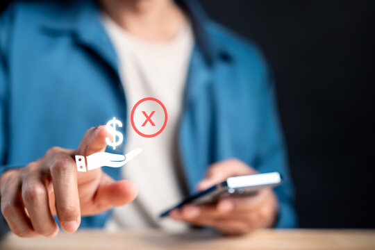 Online shopping refund and payment cancellation concept. Man using smartphone to reject transaction and request money back.