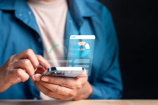 Financial management and accounting record on smartphone. Man using mobile app for budgeting, wealth planning and data analytics.