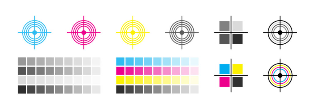 CMYK Color Registration Marks and Calibration Swatches with Grayscale Chart for Professional Printing Quality Control