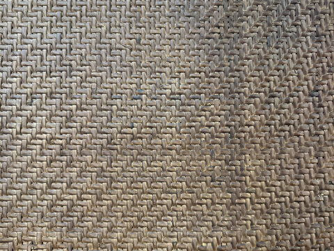 Close up photo of beautiful woven synthetic rattan texture. Wicker art or rattan weaving art pattern in light beige and brown color. Seamless texture.