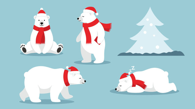 Collection of cute white polar bears wearing red Christmas hats and scarves are depicted in various poses like sitting, walking, and sleeping.