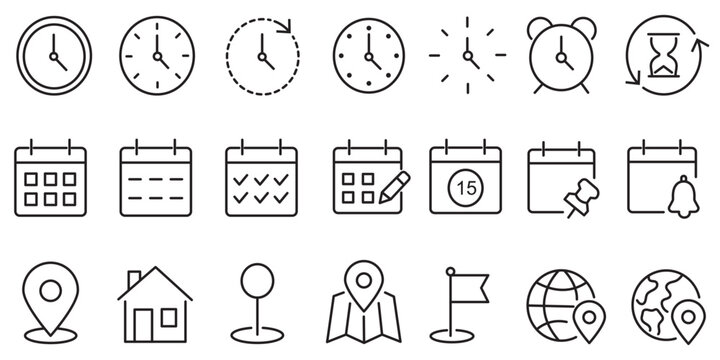 Date, Time, and Location Thin Line Vector Icons