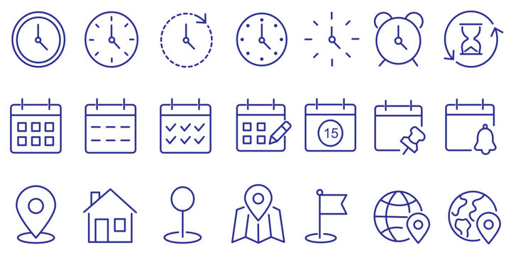 Date, Time, and Location Thin Line Vector Icons