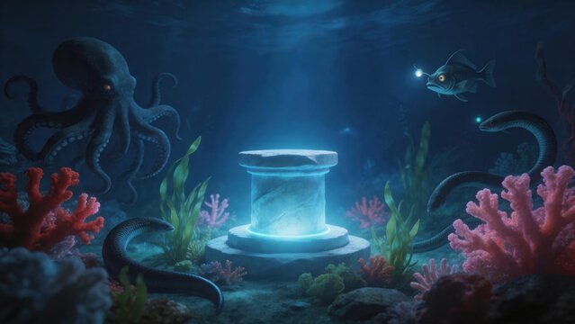 Underwater scene with octopus fish and coral