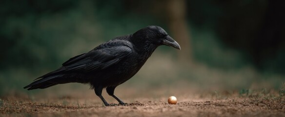 Fototapeta premium The crow swoops like a pirate hunting a shiny object on the ground