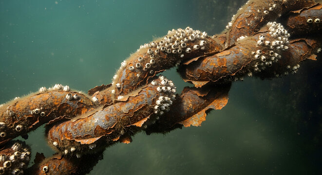 Rusty metal chain with barnacles underwater close up photograph high quality professional detailed