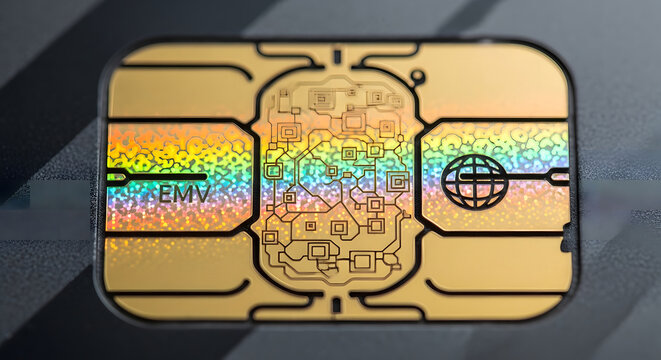 emv chip card close up 3d render with iridescent circuitry and gold contacts