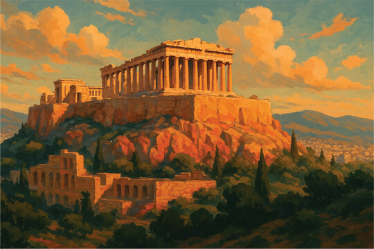 Acropolis athena landscape digital art style, illustration