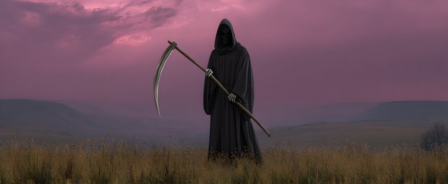 The grim reaper looms scythe grasped radiating chilling finality and dread.