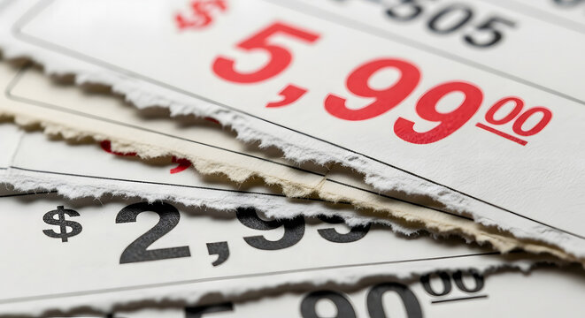torn price tags with dollar amounts close up photograph of damaged retail labels