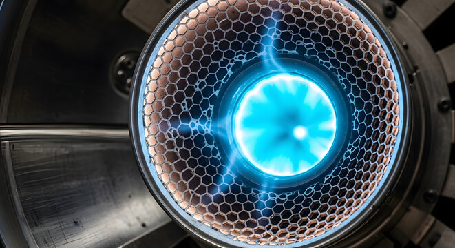 rocket engine nozzle with blue flame close up photograph of spacecraft propulsion system