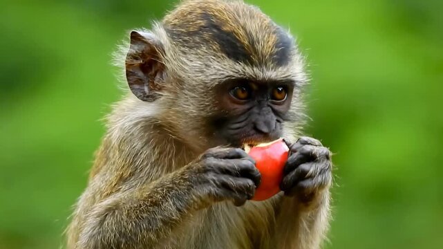 Monkey bites into red fruit with focused expression and playful demeanor. Surrounded by vibrant greenery, showcasing wildlife and natural behavior