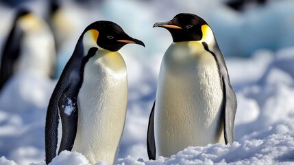 Obraz premium Two penguins stand close together in snow, showing social behavior in the wild of Antarctica during daylight