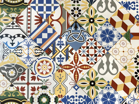 Colonial heritage patterned tiles in random floral, star, ornamental, engraving, and other abstract patterns. Handmade colonial tiles, or old heritage tiles in various colorful paint colors. Seamless 
