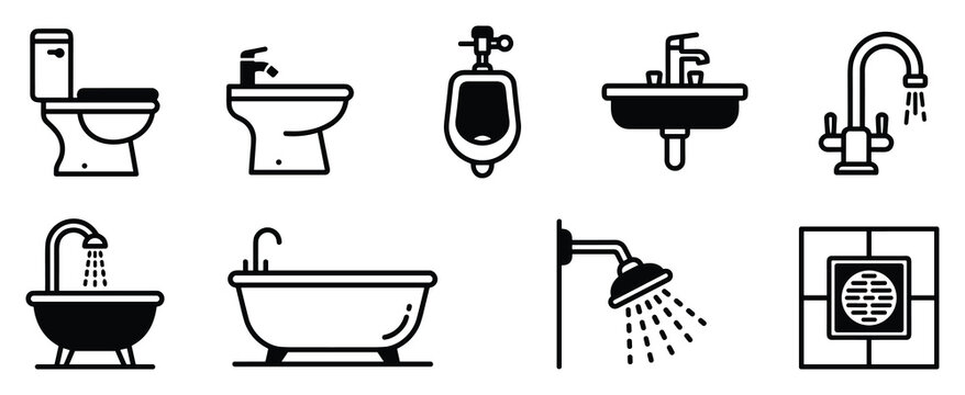 Bathroom fixtures and plumbing equipment vector flat icons set home interior design clean space.