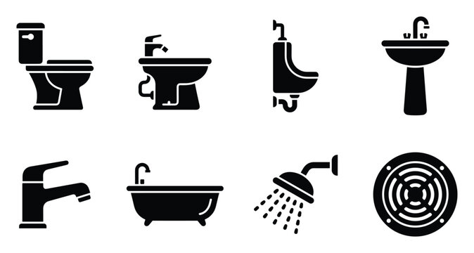 Bathroom fixtures icons toilet urinal sink faucet bathtub shower drain vector set isolated on white.