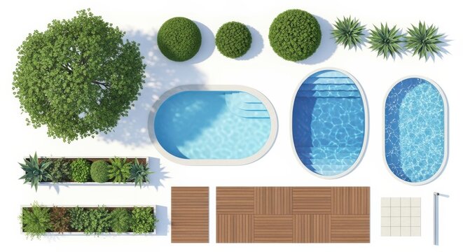 Top view of swimming pools, trees, plants and wooden deck isolated on white background