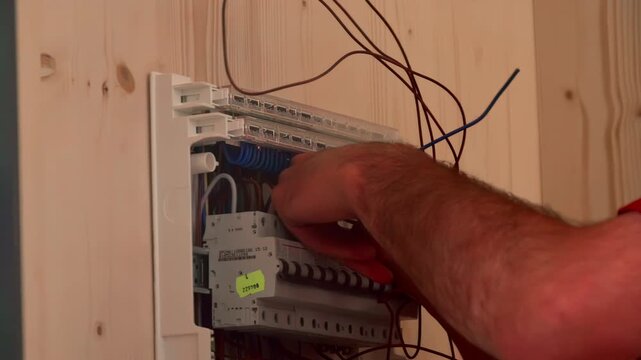Electrician installing network cables in home distribution panel setup process