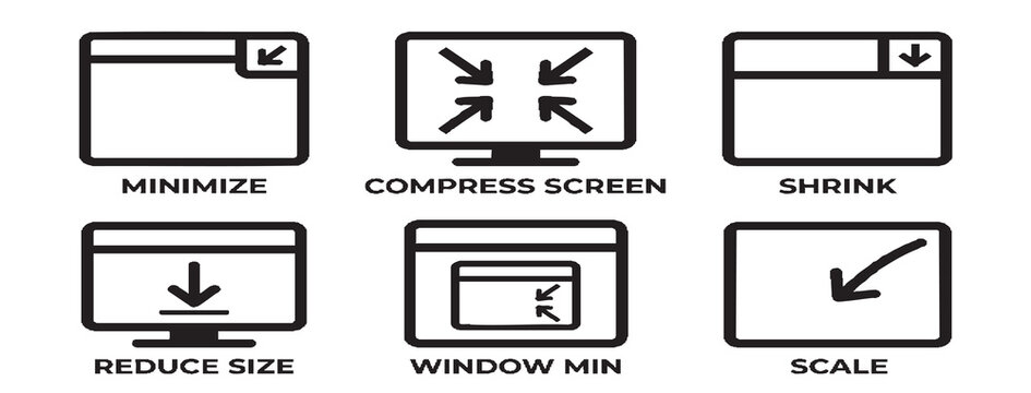 Computer icons illustrate screen minimize and resize actions with arrows on monitors.