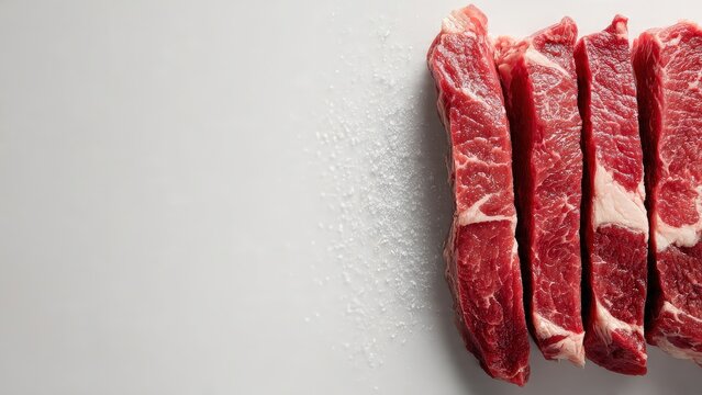 Fresh Red Meat Slices on White Background with Salt for Culinary or Food Preparation