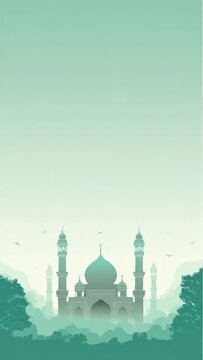 Majestic Mosque Silhouette with Green Gradient Sky and Trees in the Foreground