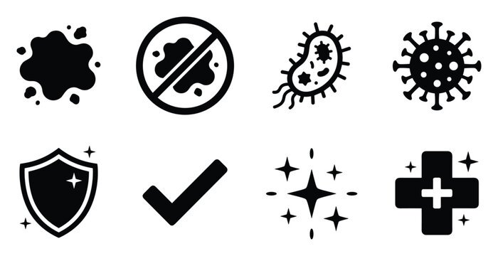 Cleanliness and hygiene icons including germs, shield, checkmark, sparkle, and medical cross.