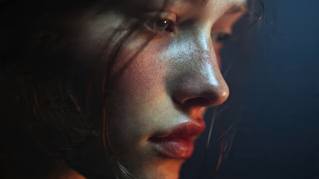 Close Up Portrait of Young Woman with Natural Makeup and Soft Lighting in Dark Background
