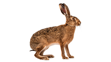 Wild brown hare or rabbit running fast with long ears and fluffy fur for nature and wildlife themes isolated on transparent background © Olga