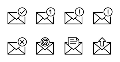 Set of Email Icons: Envelope with Notifications, Checkmark, Exclamation, At Symbol, Document, and Upload Vector Illustration © Betto