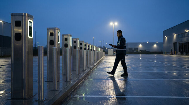 Rows of charging pedestals for electric delivery vehicles stretch across a large logistics depot at blue hour, each unit casting a pale rect
