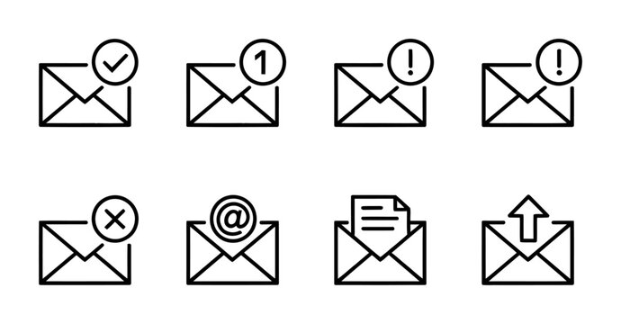 Set of Email Icons: Envelope with Notifications, Checkmark, Exclamation, At Symbol, Document, and Upload Vector Illustration