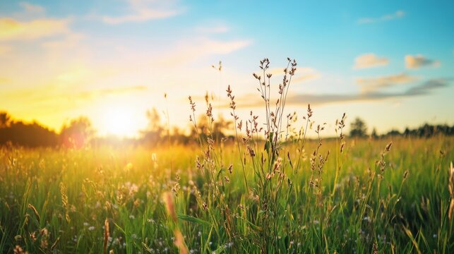 Sunrise over a grassy field with wildflowers under a clear sky during early morning hours