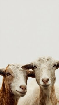 Two Calm White and Brown Goats Close Up in Bright Minimalist Setting